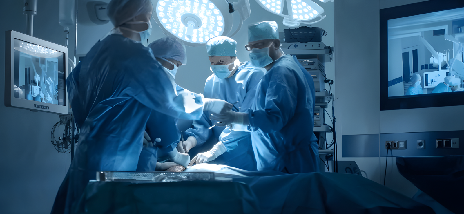 Advanced operating theatre with high-tech surgical equipment and monitors.